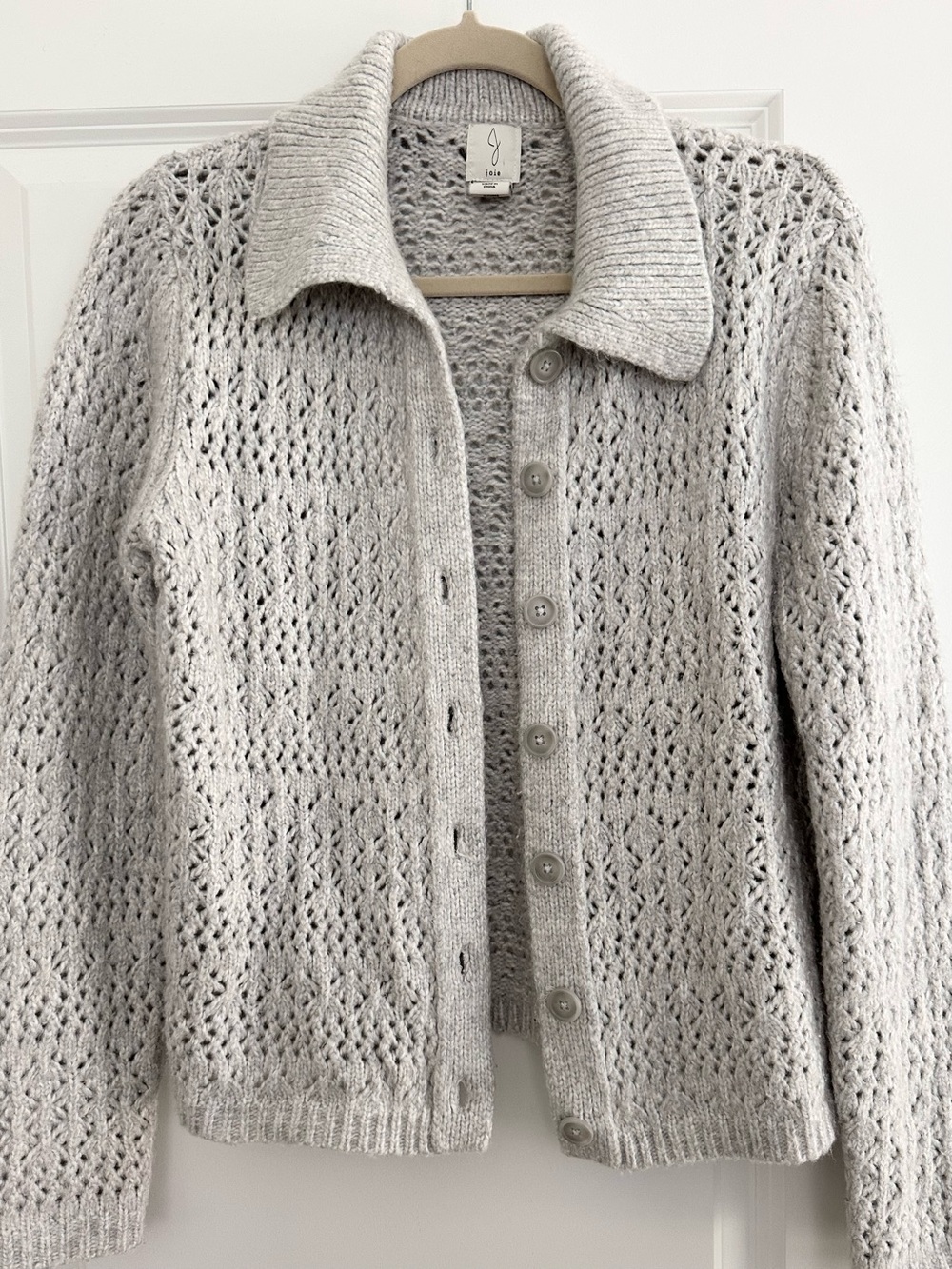 Joie Light Grey Open Knit Fall Button-Up Collared Cardigan Sweater